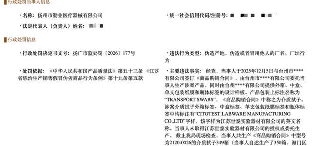 扬州广陵一医疗器械公司冒用他人厂名厂址被罚12.35万元